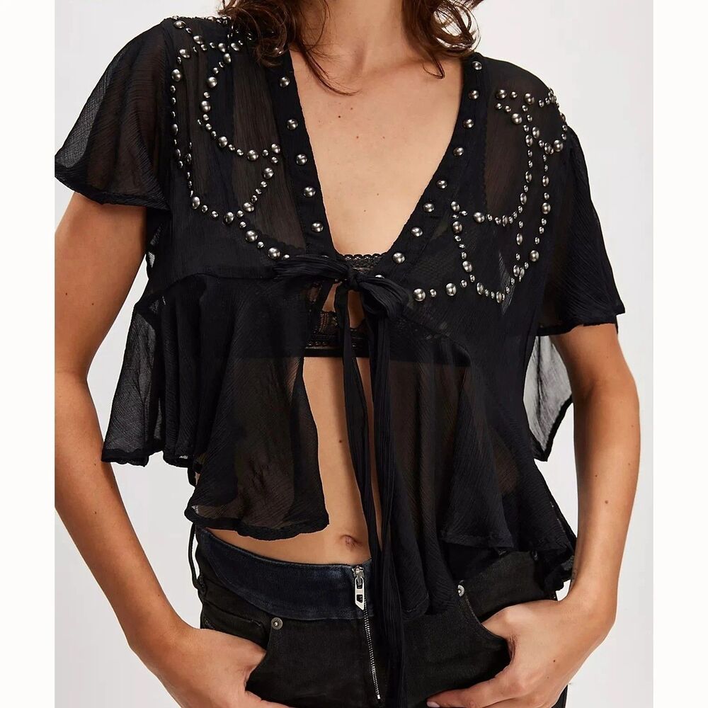 Free People So Fine Embellished Studded Blouse Top Sheer Cover-Up XL 291894
